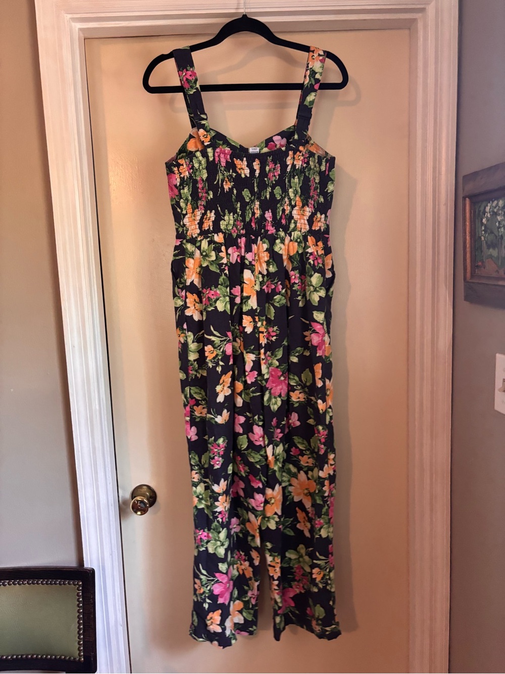 Old Navy Black Floral Sundress Jumpsuit with Pink and Yellow Blooms